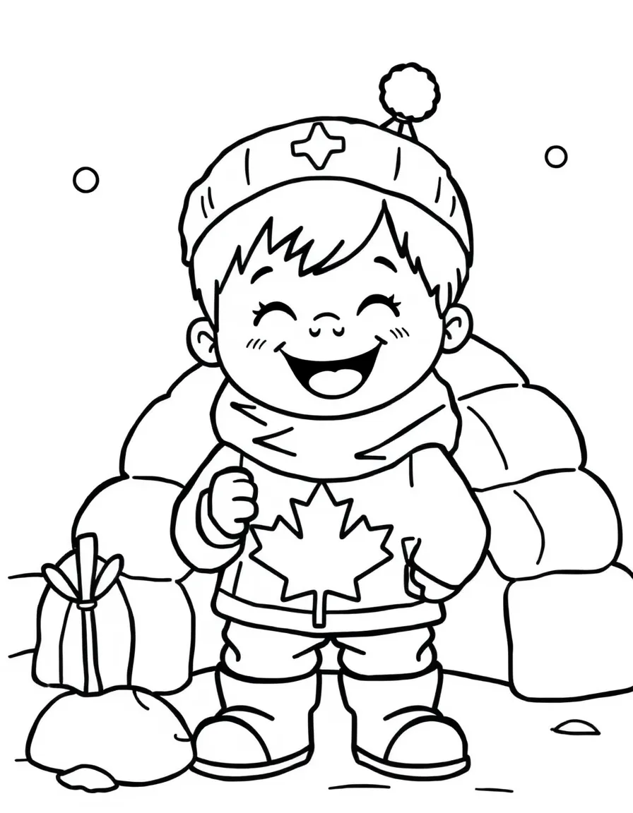 A cheerful child building an igloo for Canada.