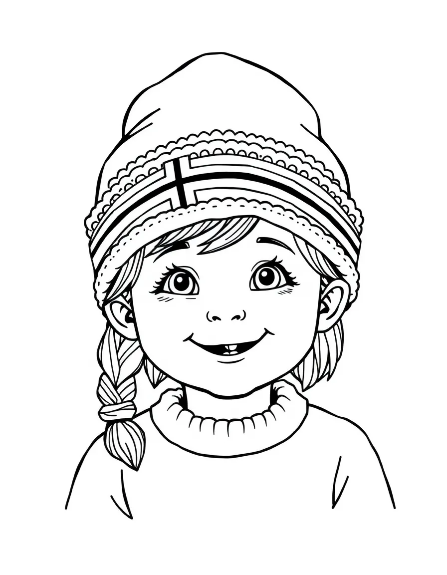 A smiling child with a traditional Norwegian hat for Norway.