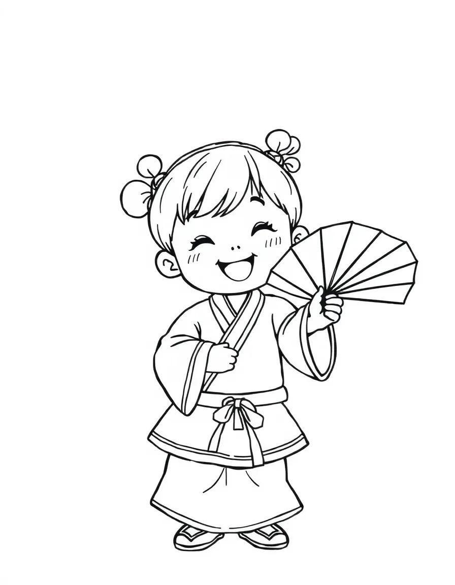 A happy child with a traditional Korean fan dance for South Korea.