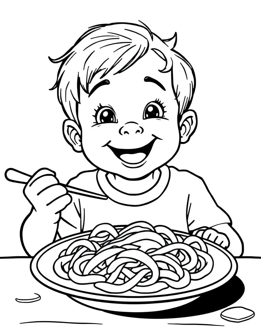 A happy child eating a big plate of pasta for Italy.