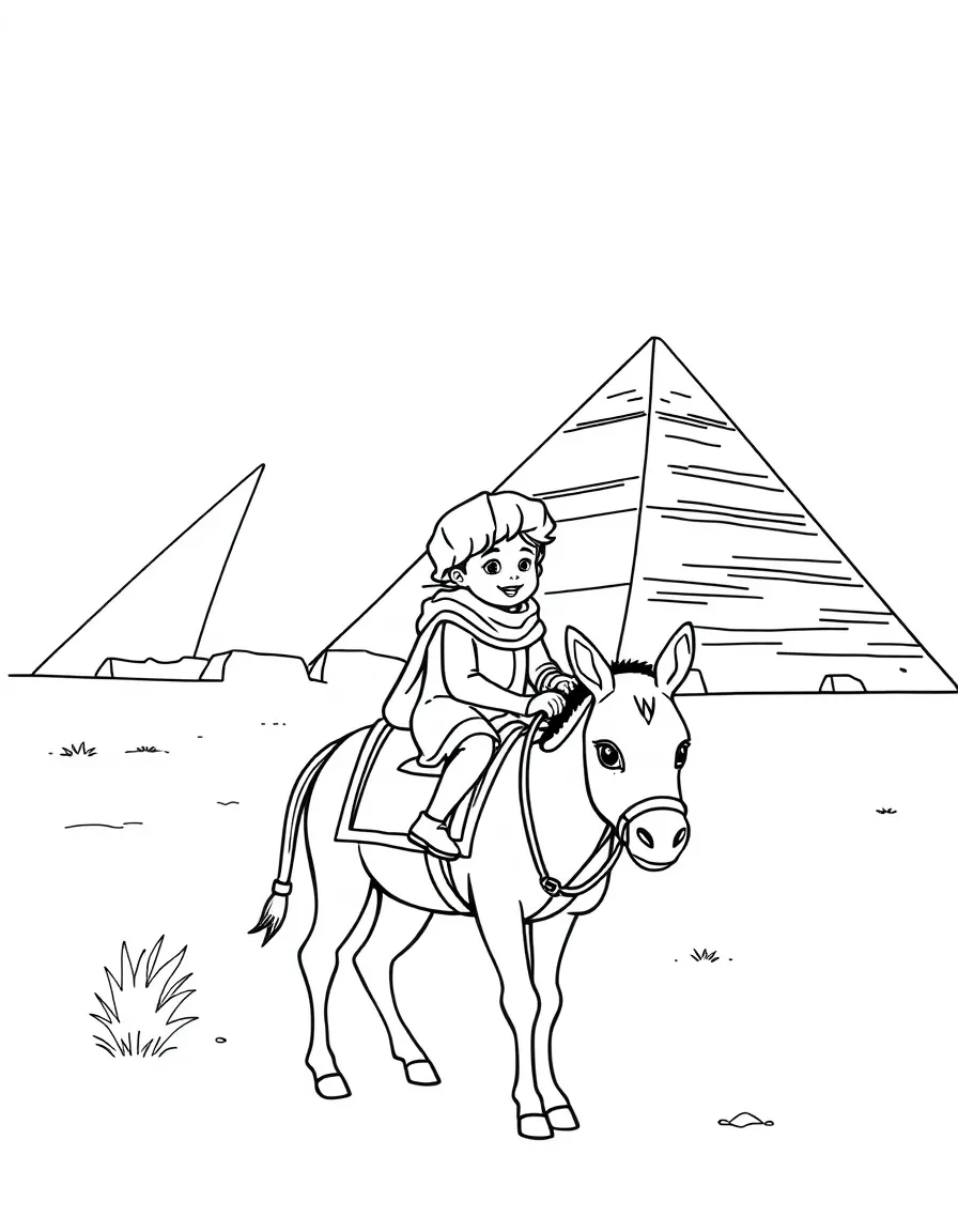 A child riding a donkey near a pyramid for Egypt.