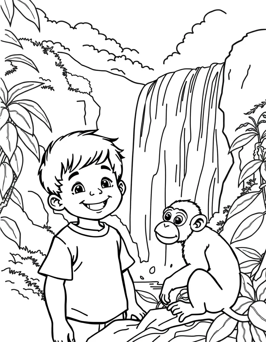 A smiling child near a waterfall and a monkey for Colombia.