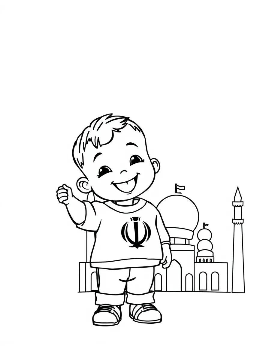 A happy child with a flag and a mosque outline for Iran.