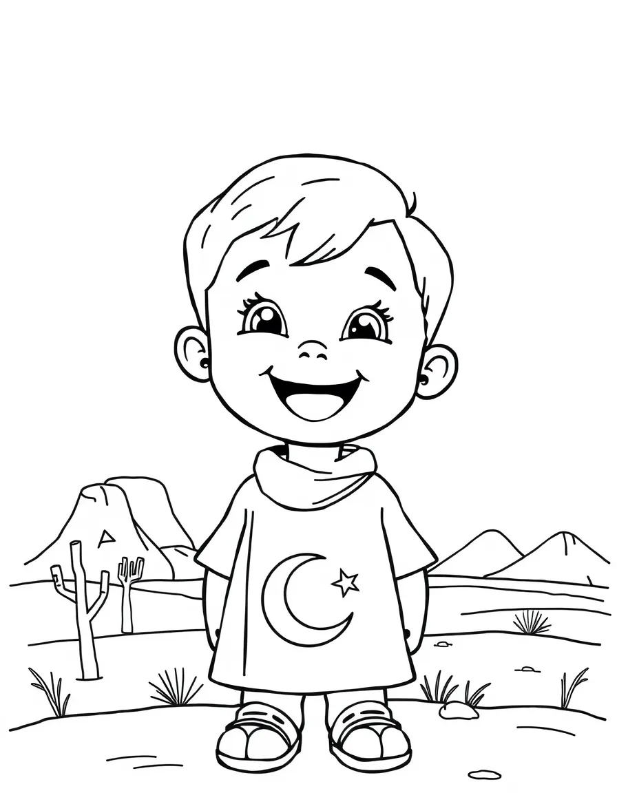 A cheerful child with a desert landscape and a flag for Pakistan.