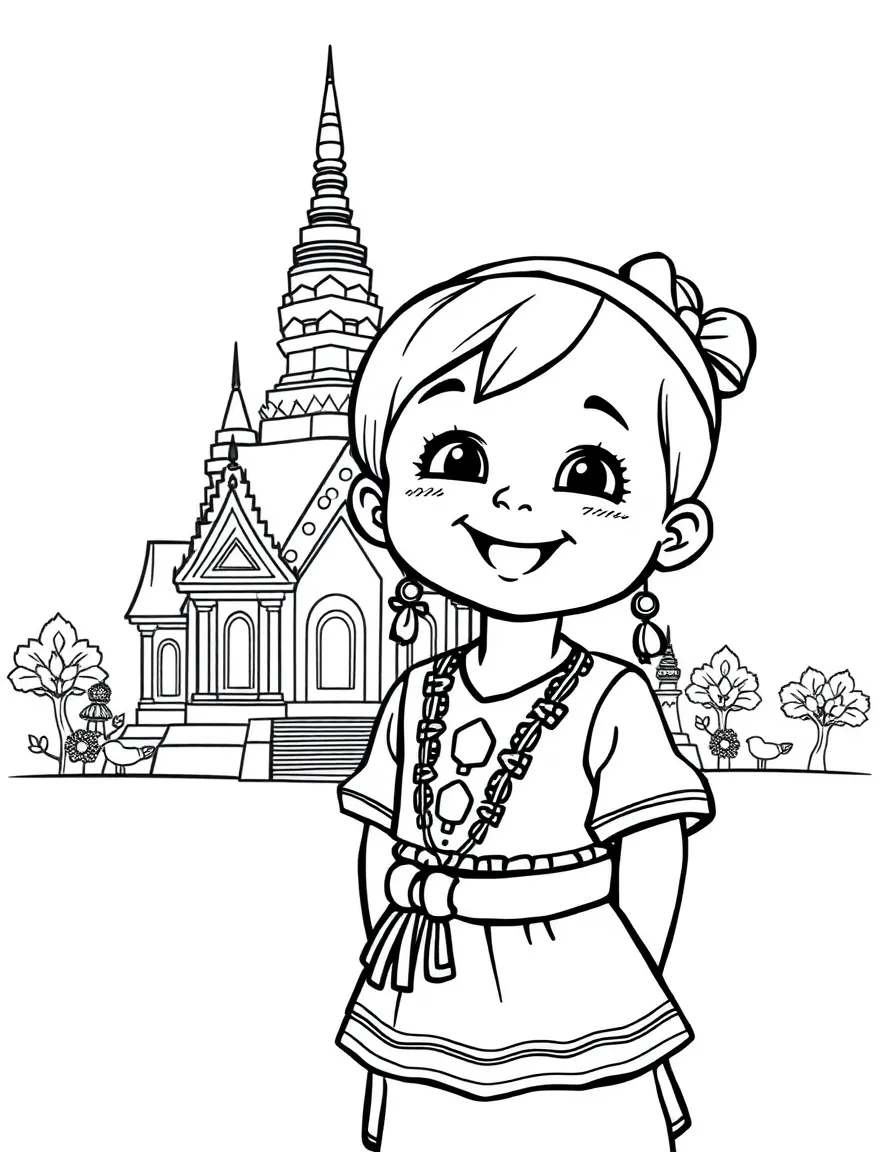 A happy child with a traditional dress and a temple for Cambodia.