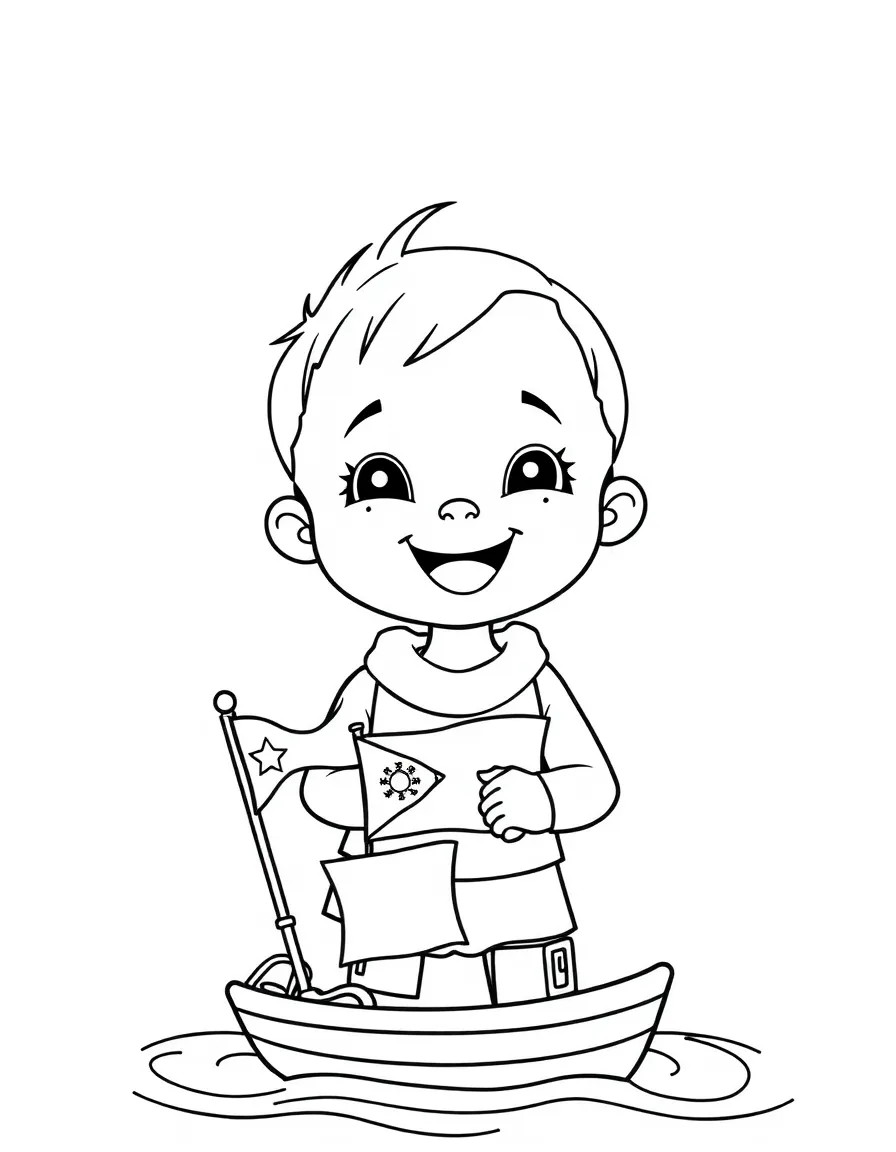 A cheerful child with a small boat and a flag for Philippines.