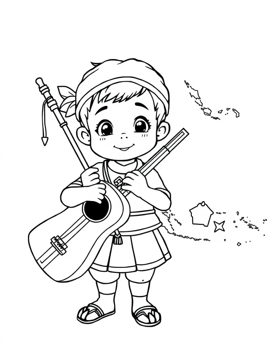 A child holding a traditional instrument and a map of Indonesia.