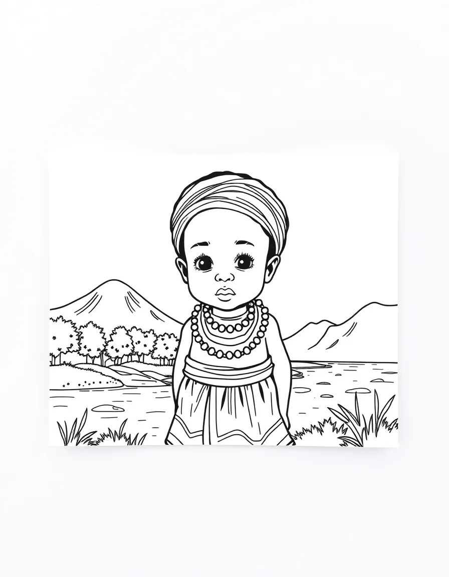 A child with a traditional outfit and a river for Congo (DRC).