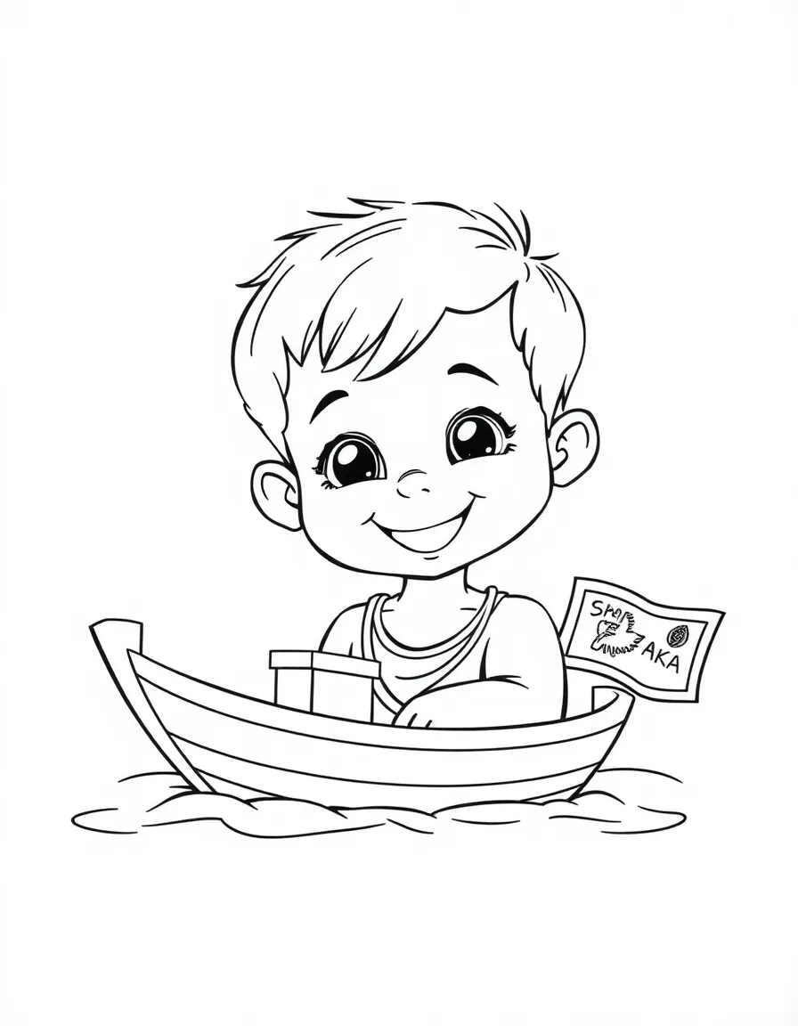 A smiling child with a small boat and a flag for Sri Lanka.