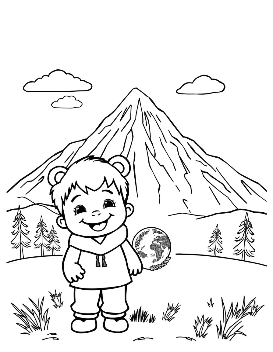 A cheerful child with a bear and a mountain for Afghanistan.