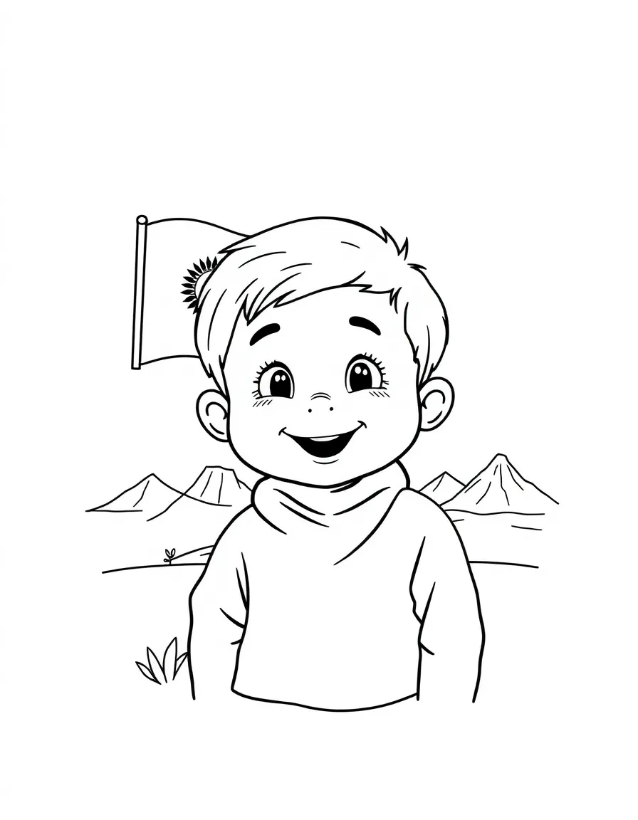 A smiling child with a flag and a desert landscape for Kazakhstan.
