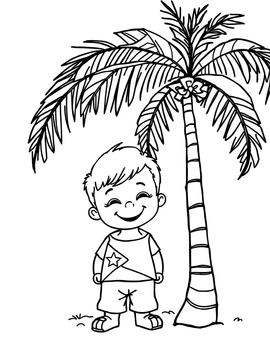 A happy child with a palm tree and a flag for Cuba.