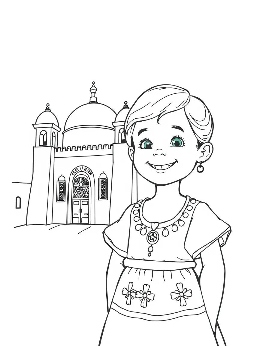 A smiling child with a traditional dress and a historical building for Tunisia.