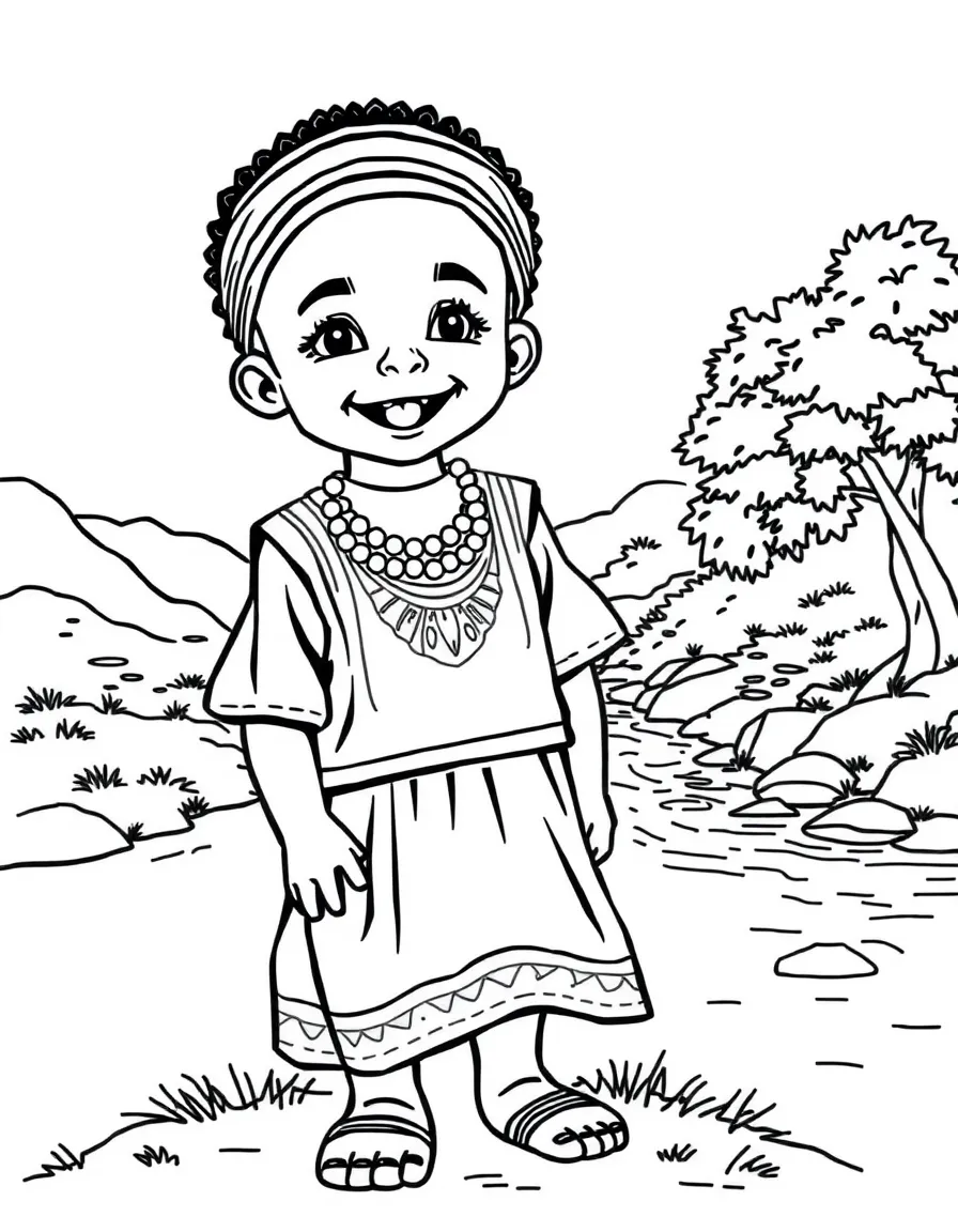 A happy child with a traditional dress and a river for Mali.