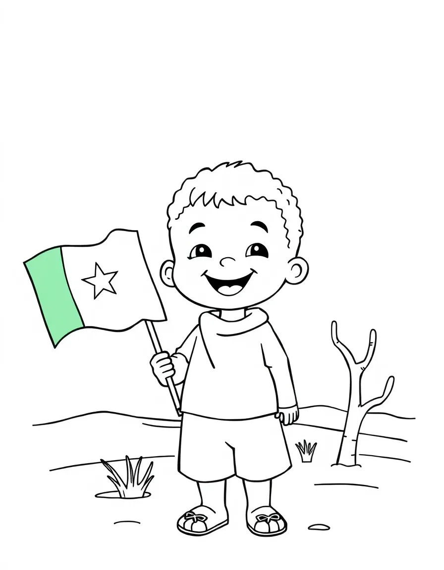 A cheerful child with a flag and a desert for Mauritania.