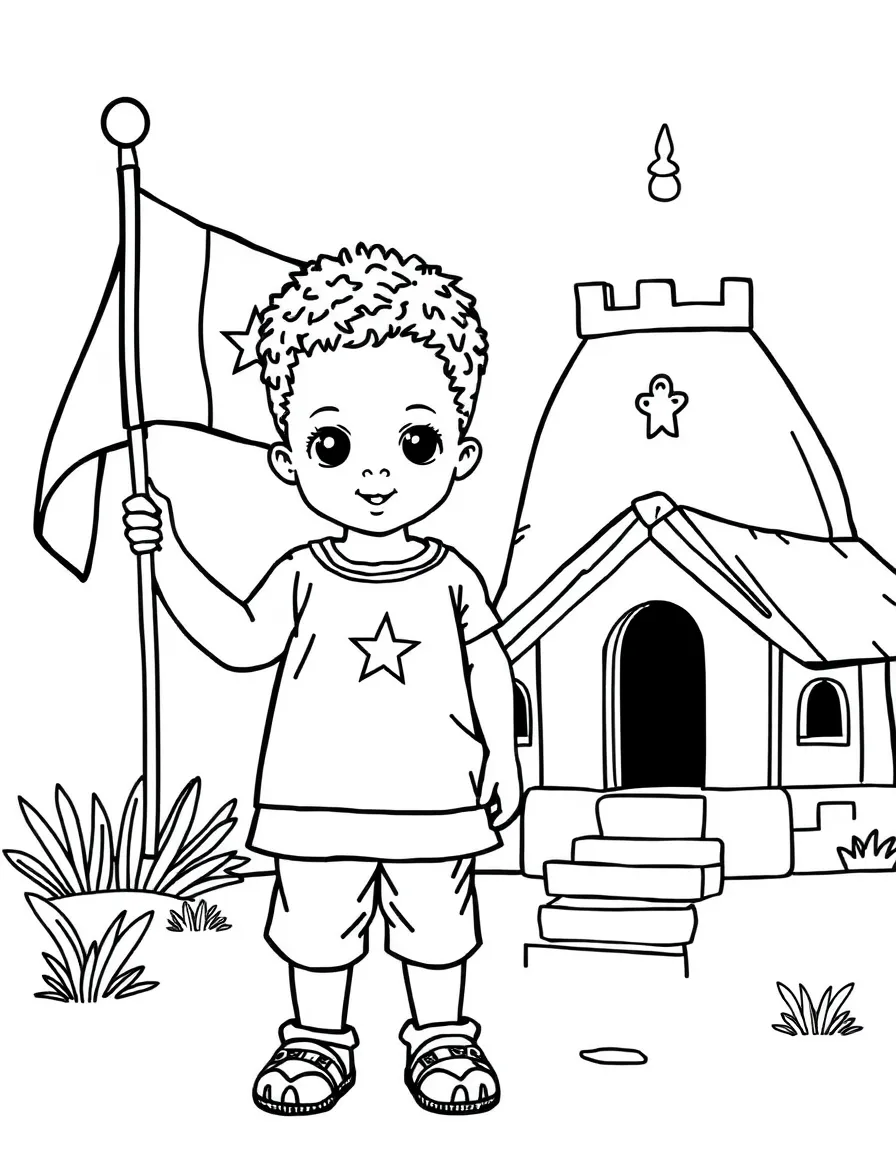 A child with a flag and a traditional building for Senegal.