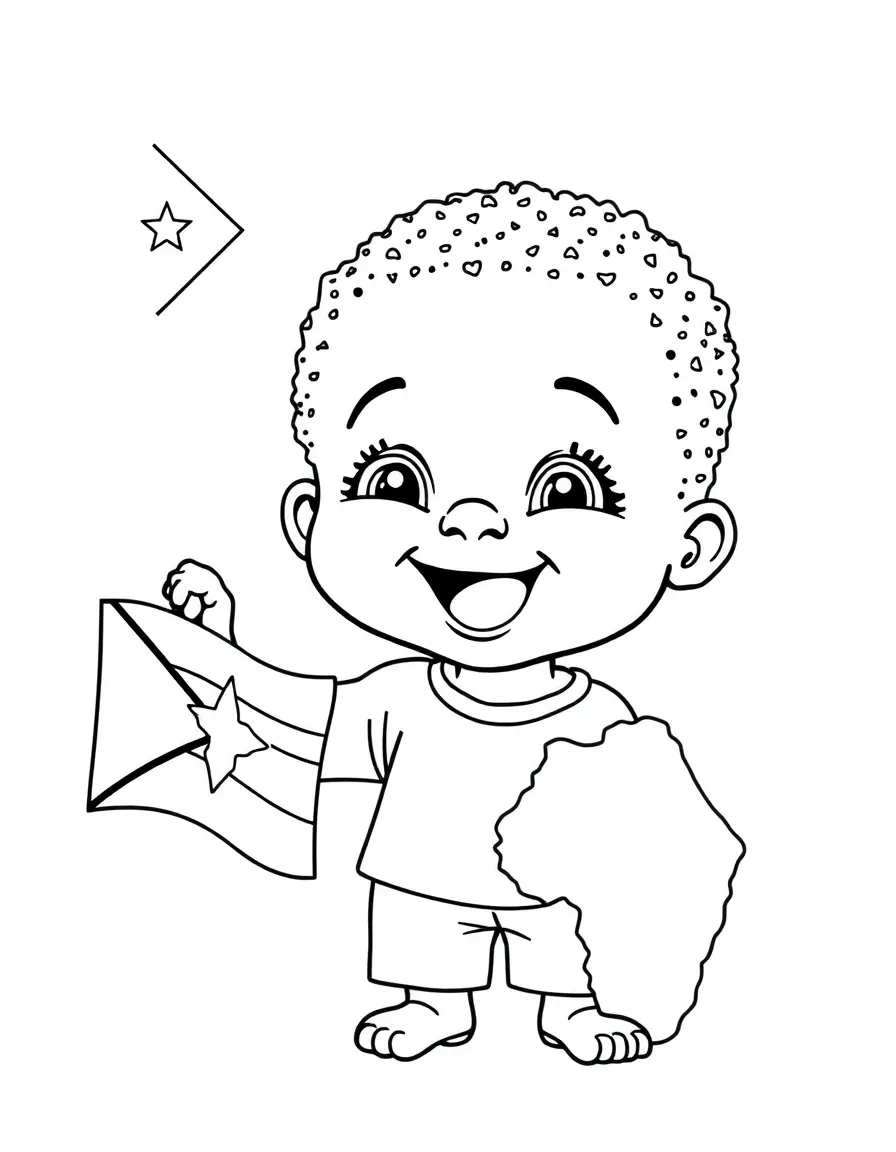 A cheerful child with a flag and a map of Zimbabwe.
