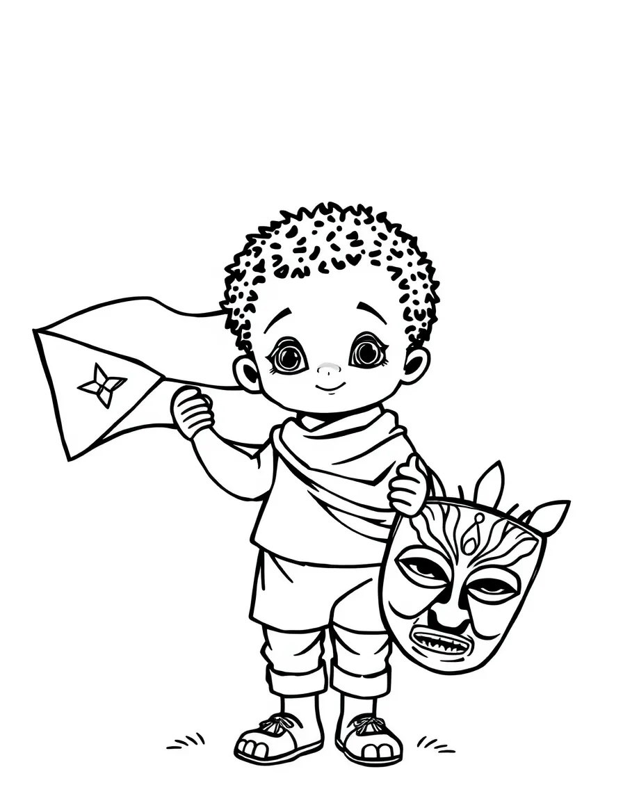 A child with a flag and a traditional mask for Zambia.