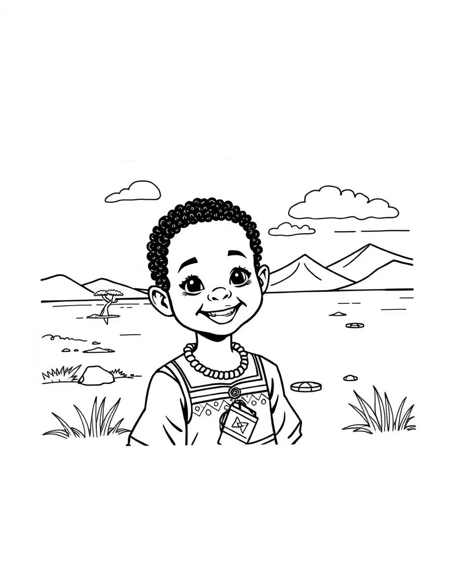 A smiling child with a traditional dress and a lake for Malawi.