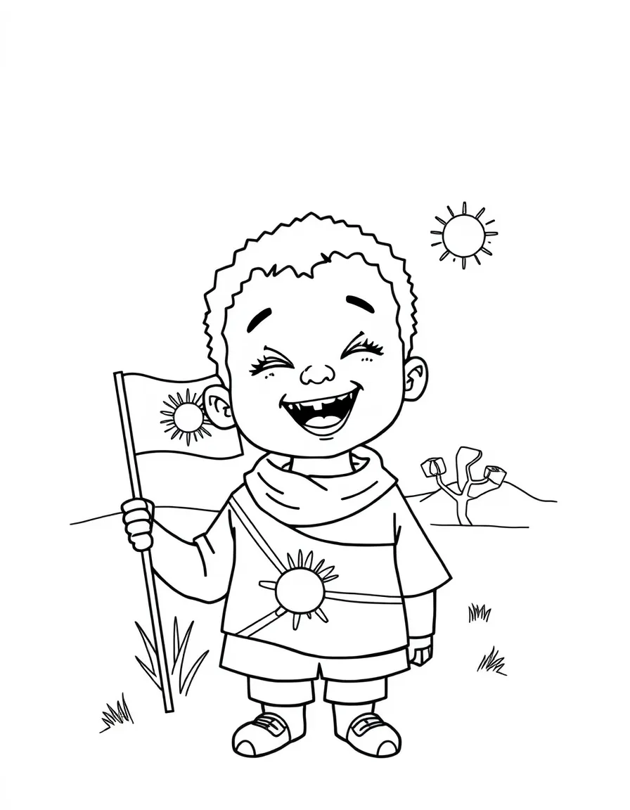 A happy child with a flag and a desert for Namibia.