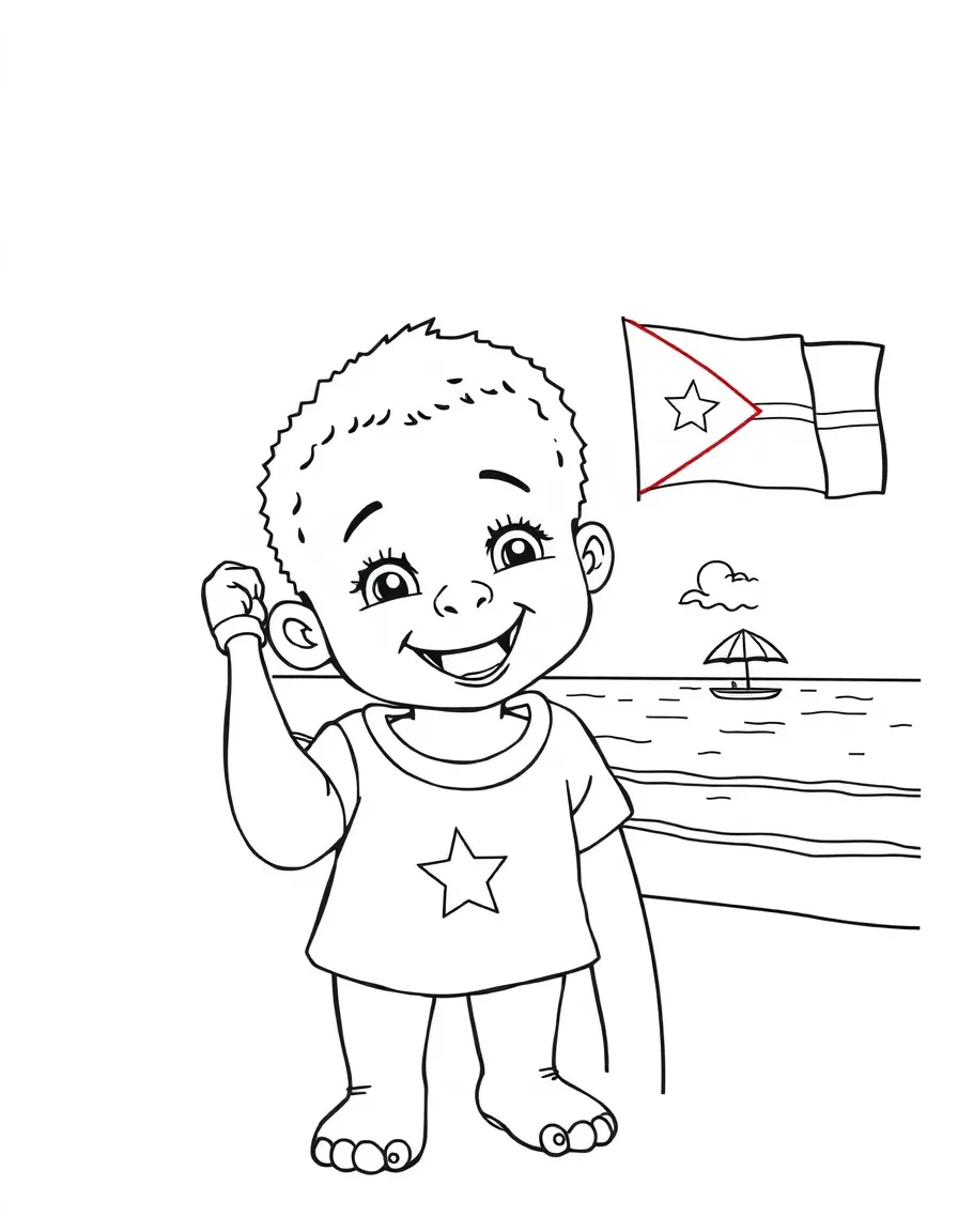 A cheerful child with a flag and a beach for Mozambique.