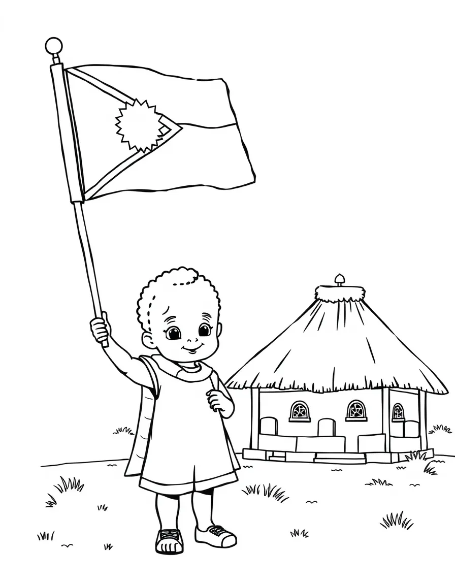 A child with a flag and a traditional building for Botswana.