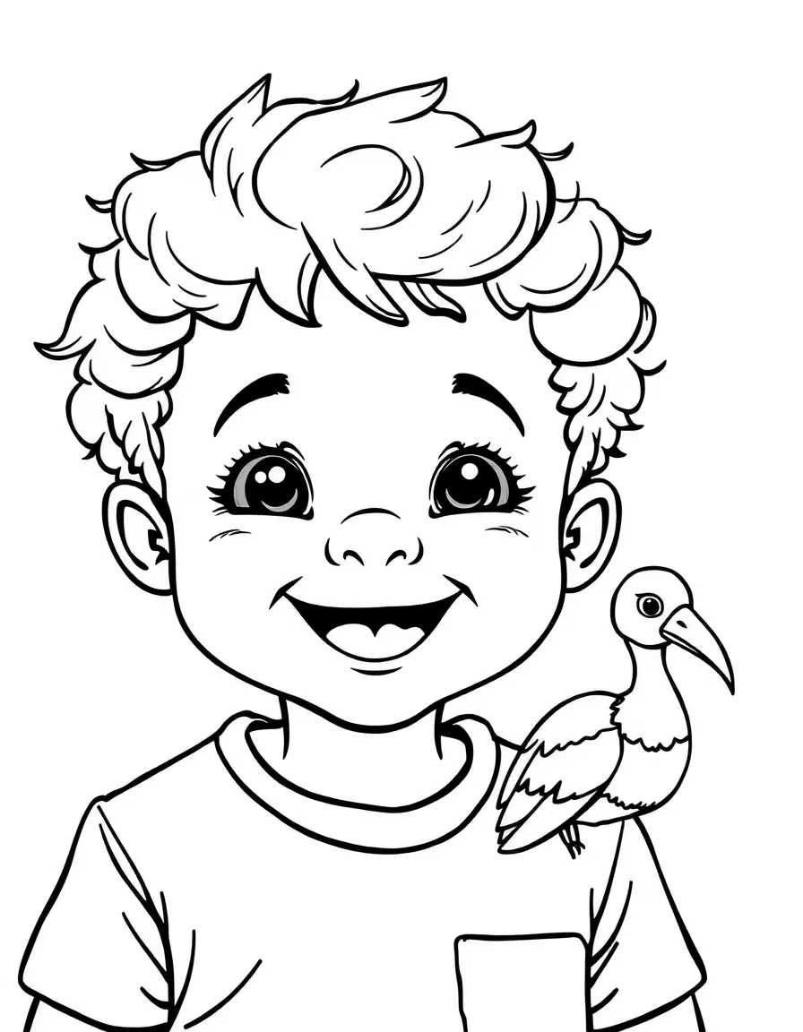 A cheerful child with a map of Mauritius and a dodo bird.