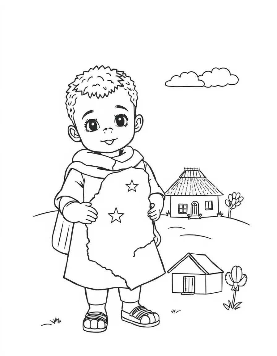 A child with a map of Eritrea and a traditional house.