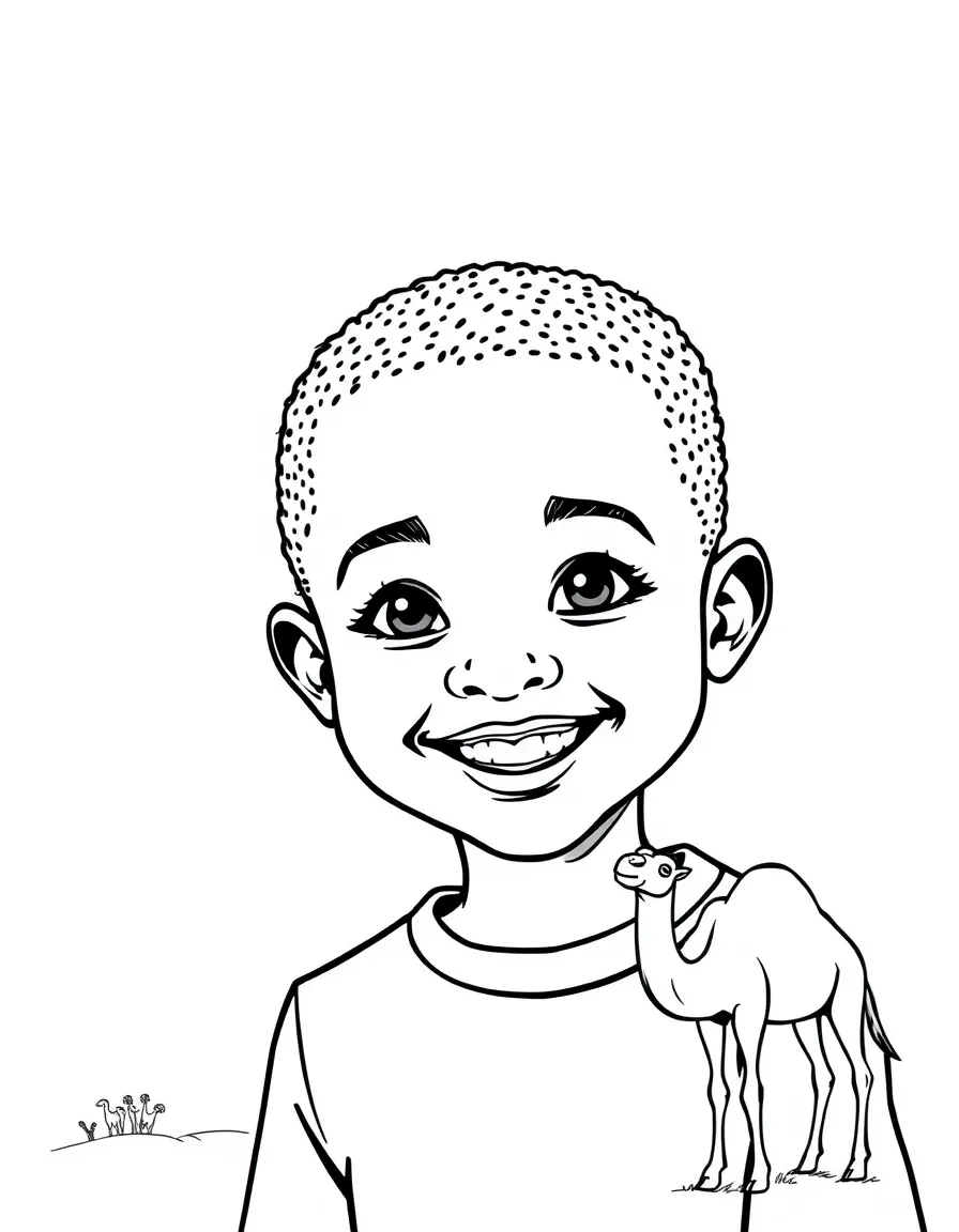 A smiling child with a map of Somalia and a camel.
