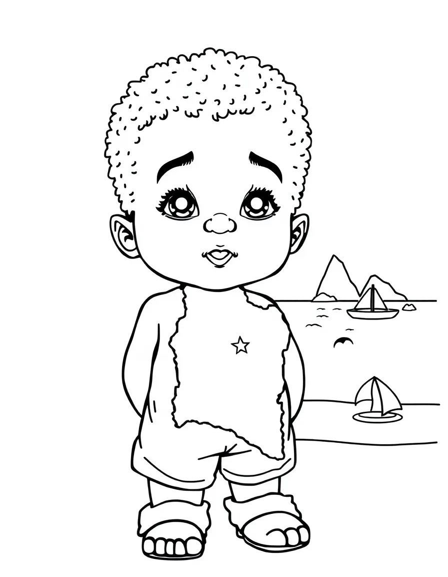 A child with a map of Equatorial Guinea and a beach.