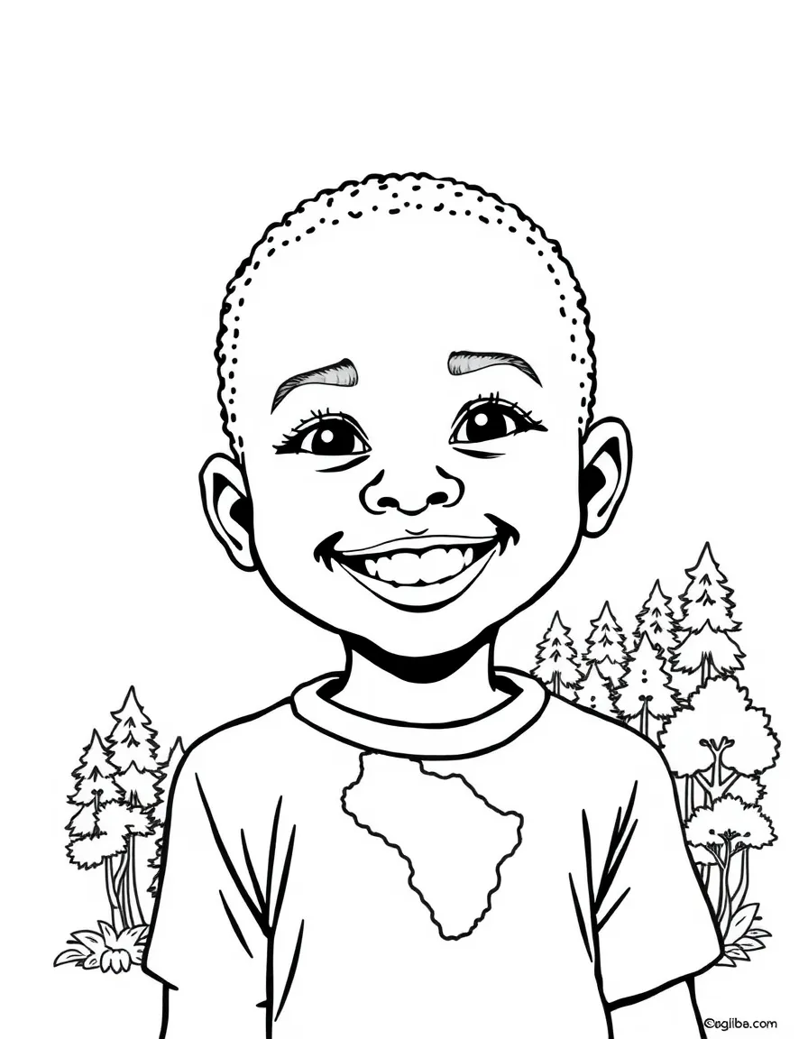A smiling child with a map of Gabon and a forest.
