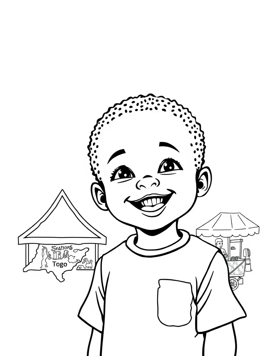 A happy child with a map of Togo and a traditional market.