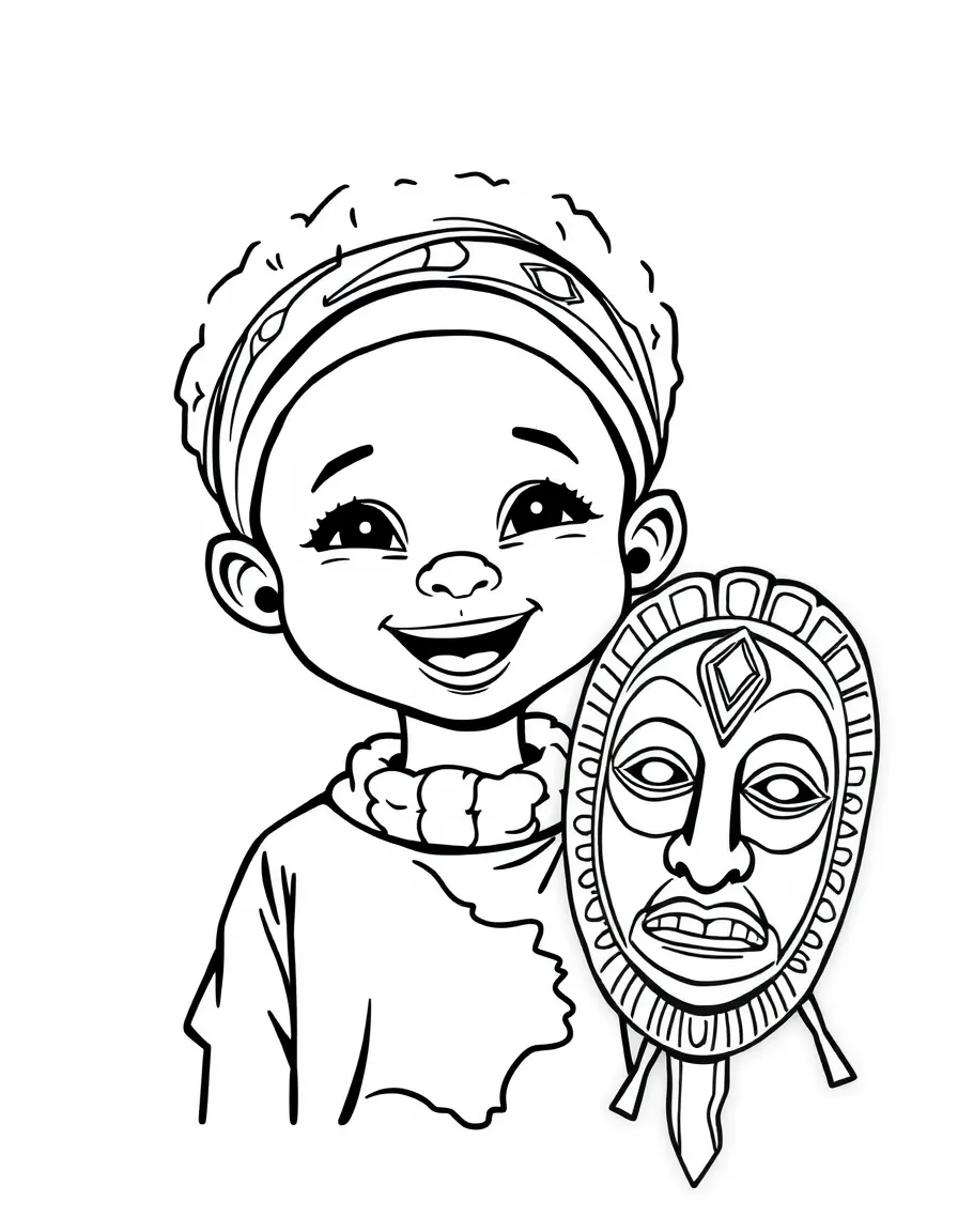 A cheerful child with a map of Benin and a traditional mask.