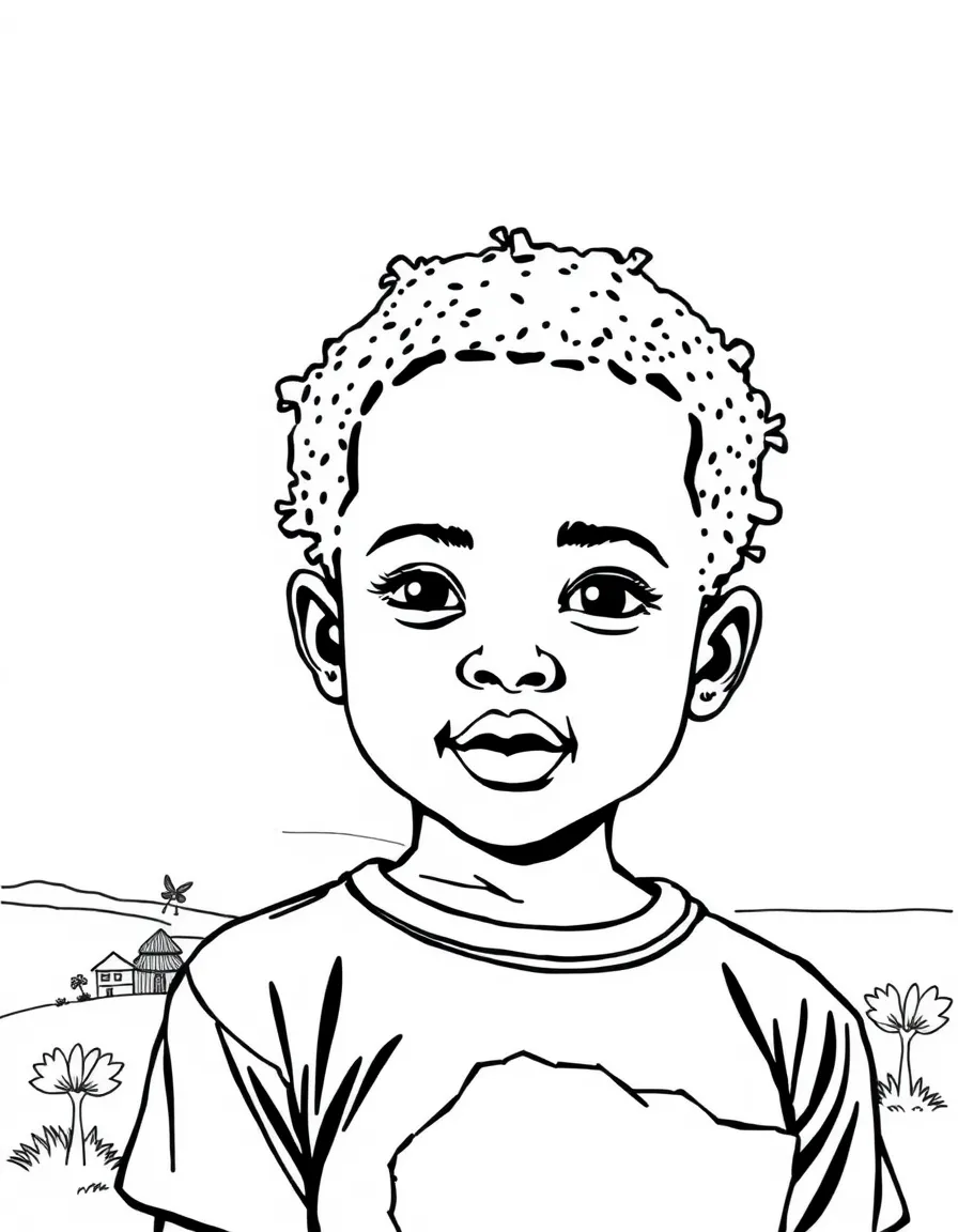 A child with a map of Burkina Faso and a traditional village.