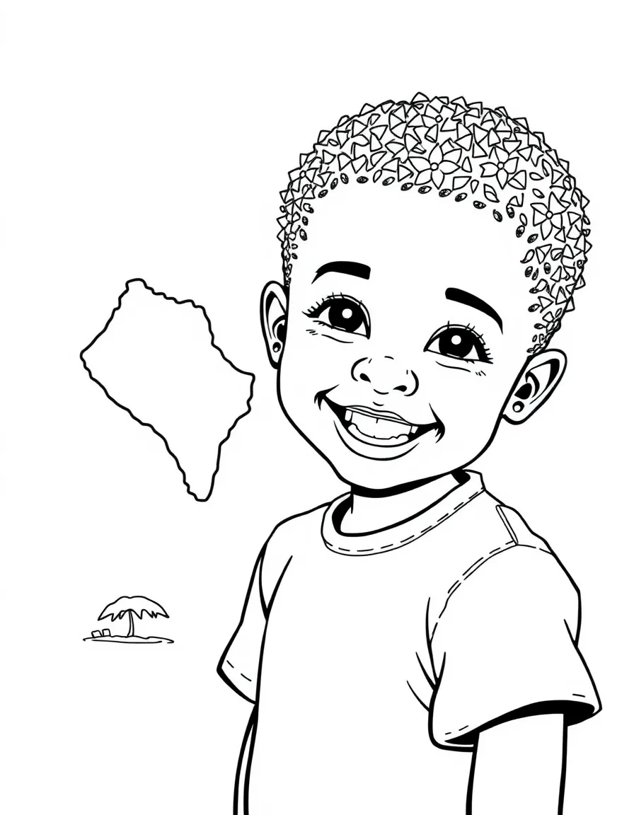 A happy child with a map of Sierra Leone and a beach.