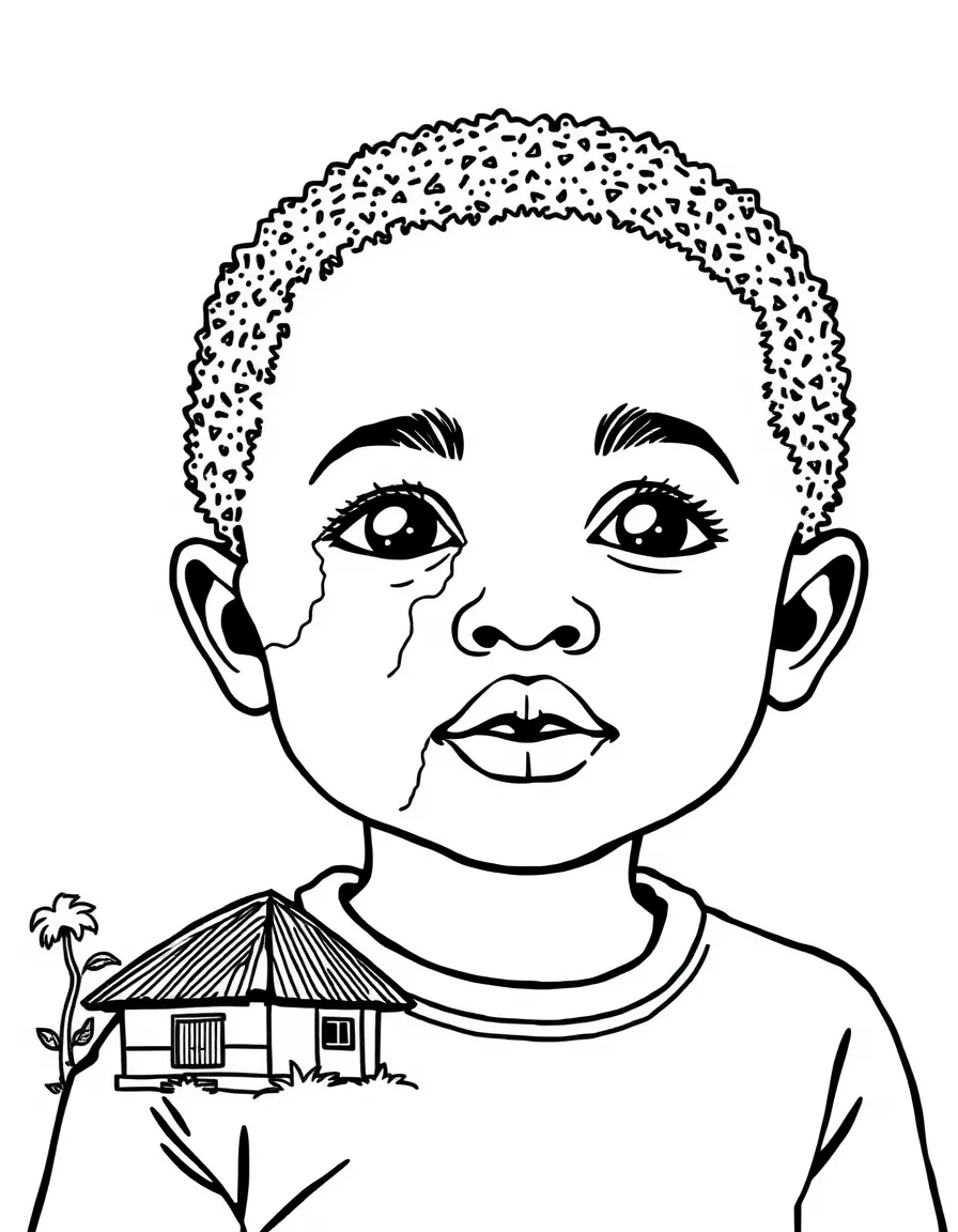 A child with a map of Guinea-Bissau and a traditional house.