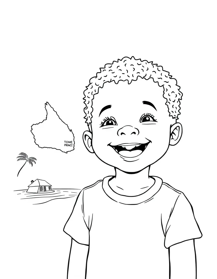 A cheerful child with a map of Sao Tome and Principe and a beach.