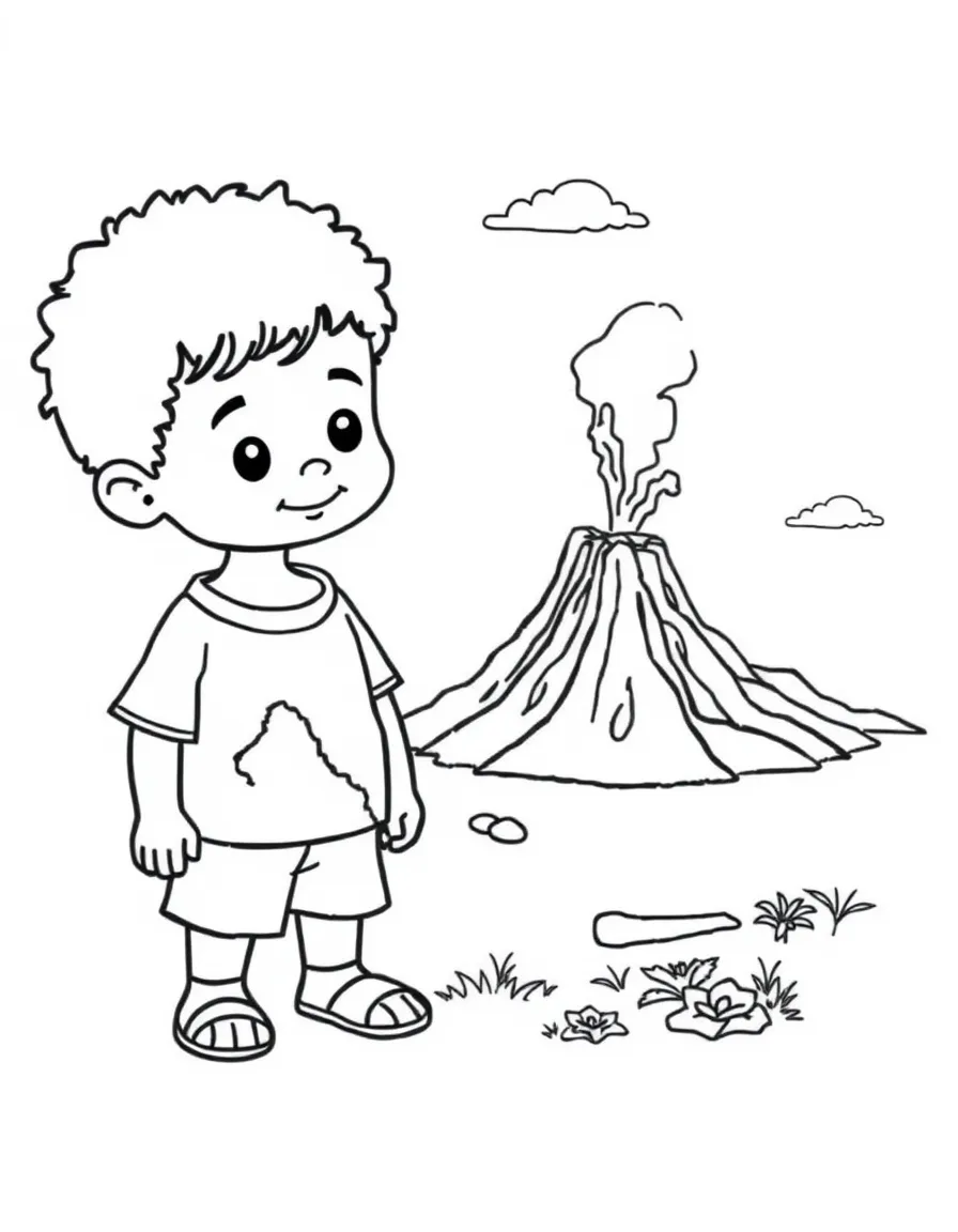 A child with a map of Vanuatu and a volcano.