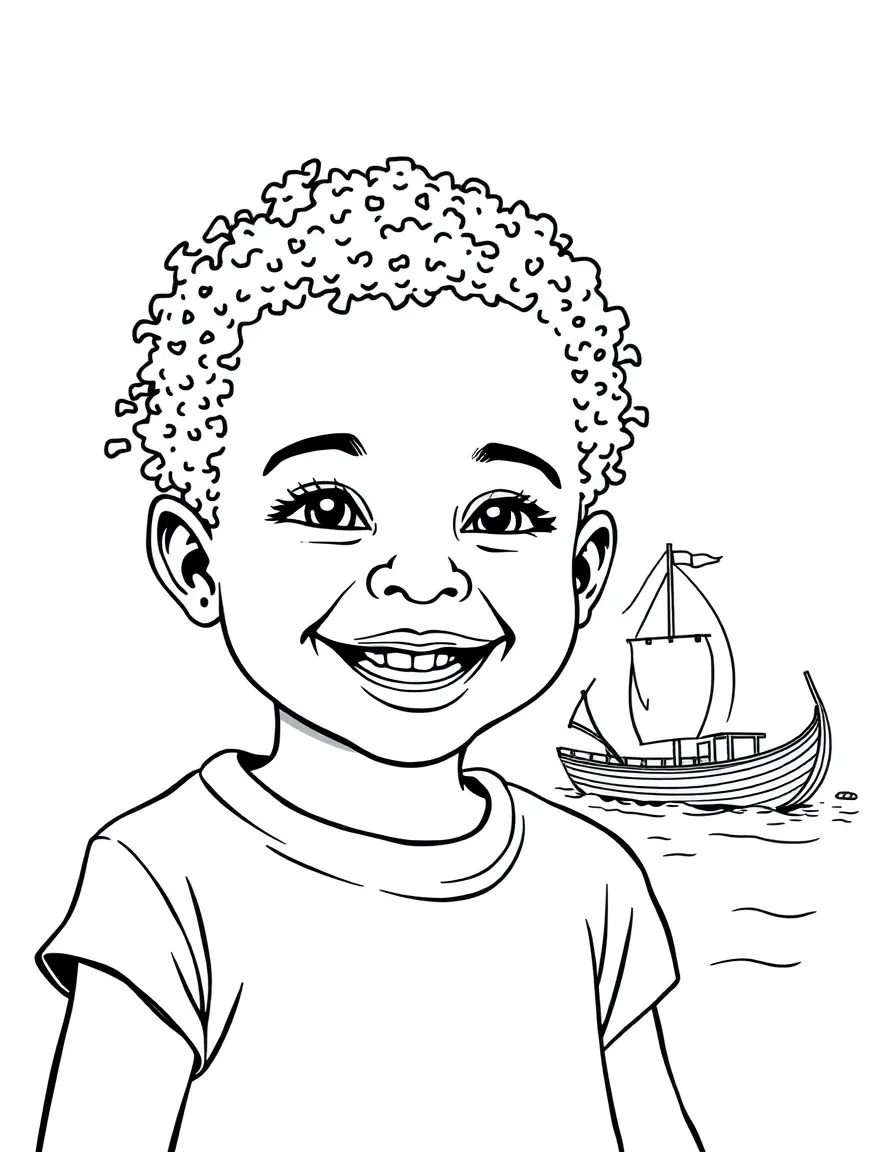 A happy child with a map of Solomon Islands and a traditional boat.