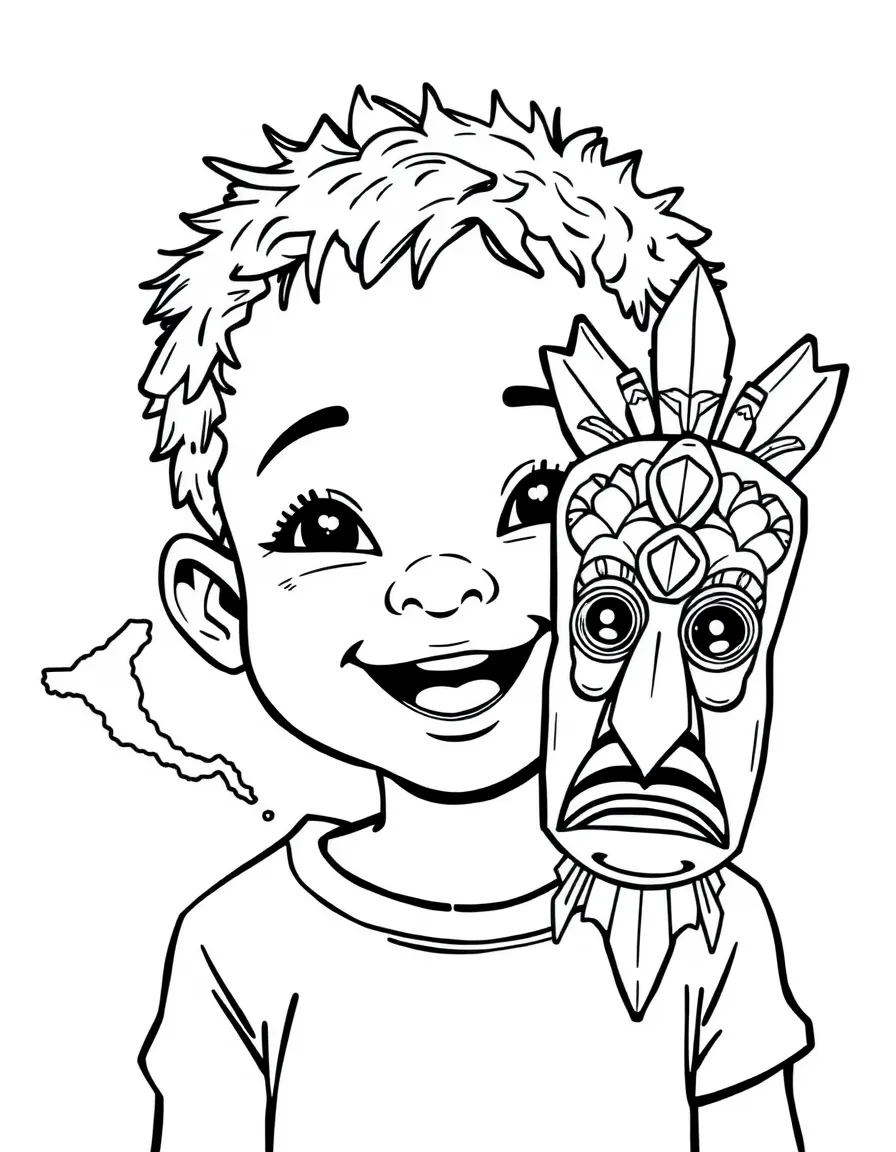 A cheerful child with a map of Papua New Guinea and a traditional mask.