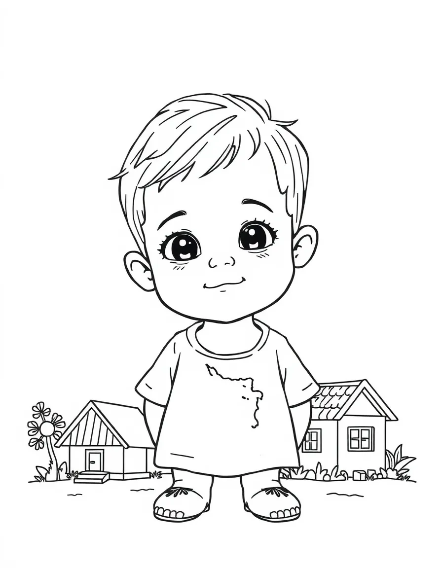 A child with a map of Timor-Leste and a traditional house.