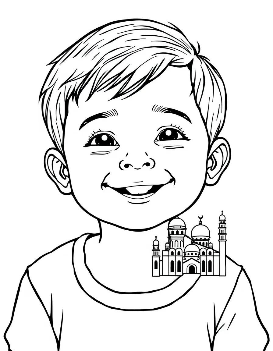 A smiling child with a map of Brunei and a mosque.