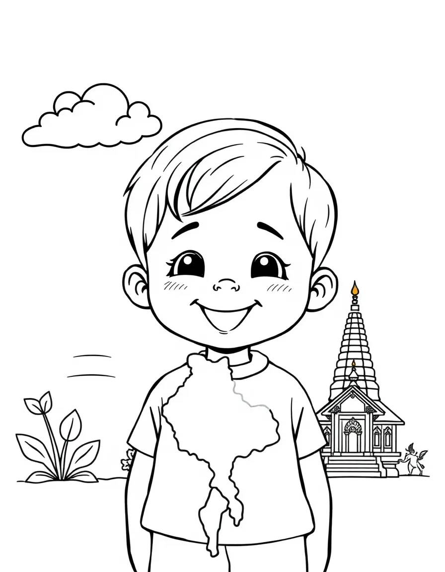 A cheerful child with a map of Myanmar and a pagoda.