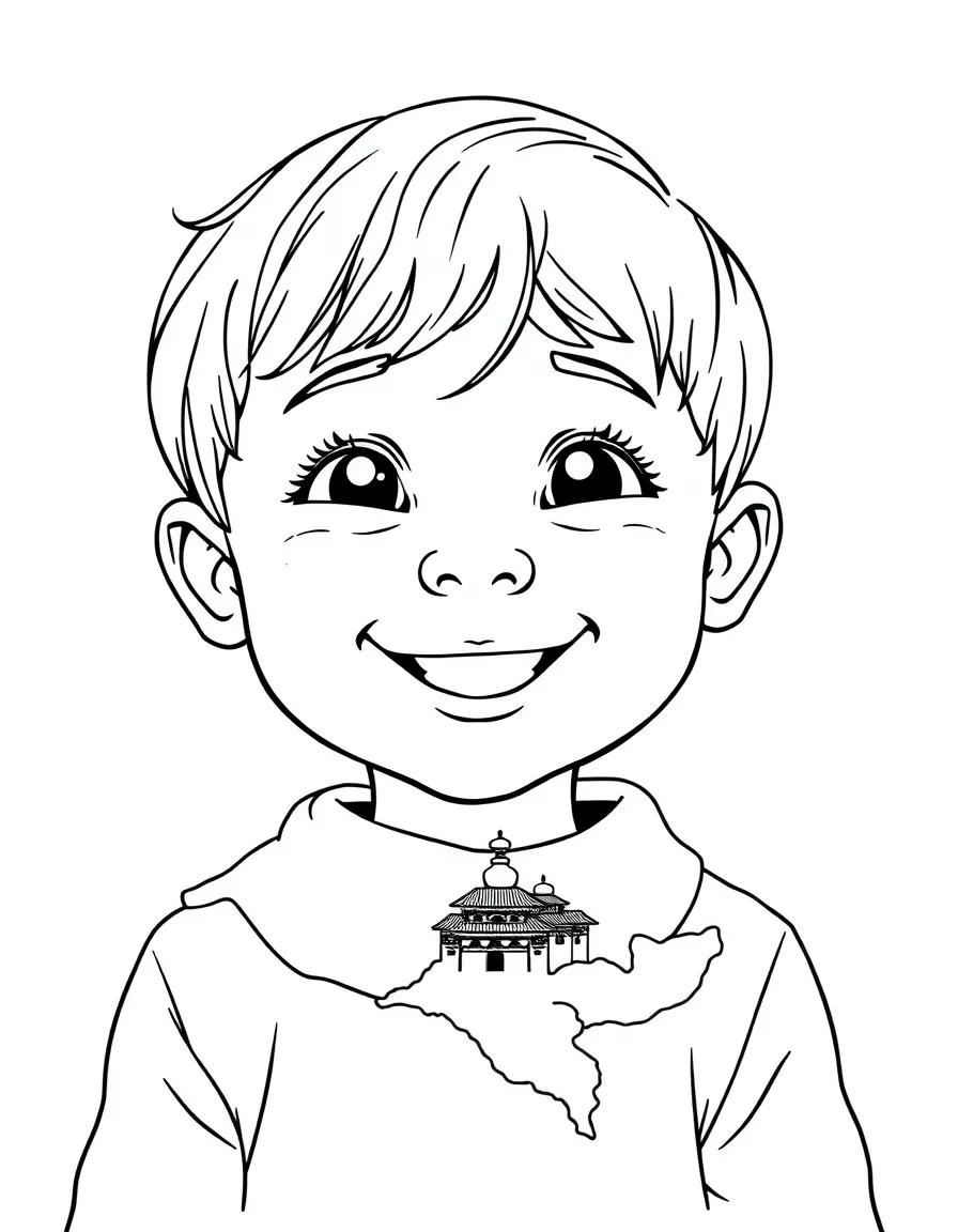 A smiling child with a map of Bhutan and a monastery.