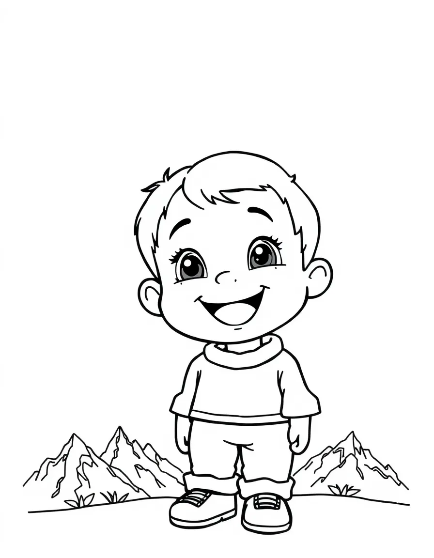 A happy child with a map of Nepal and mountains.