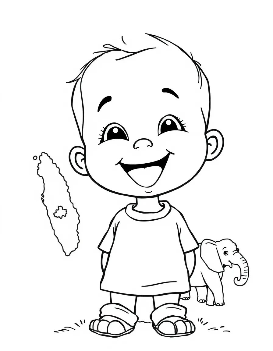 A cheerful child with a map of Sri Lanka and an elephant.
