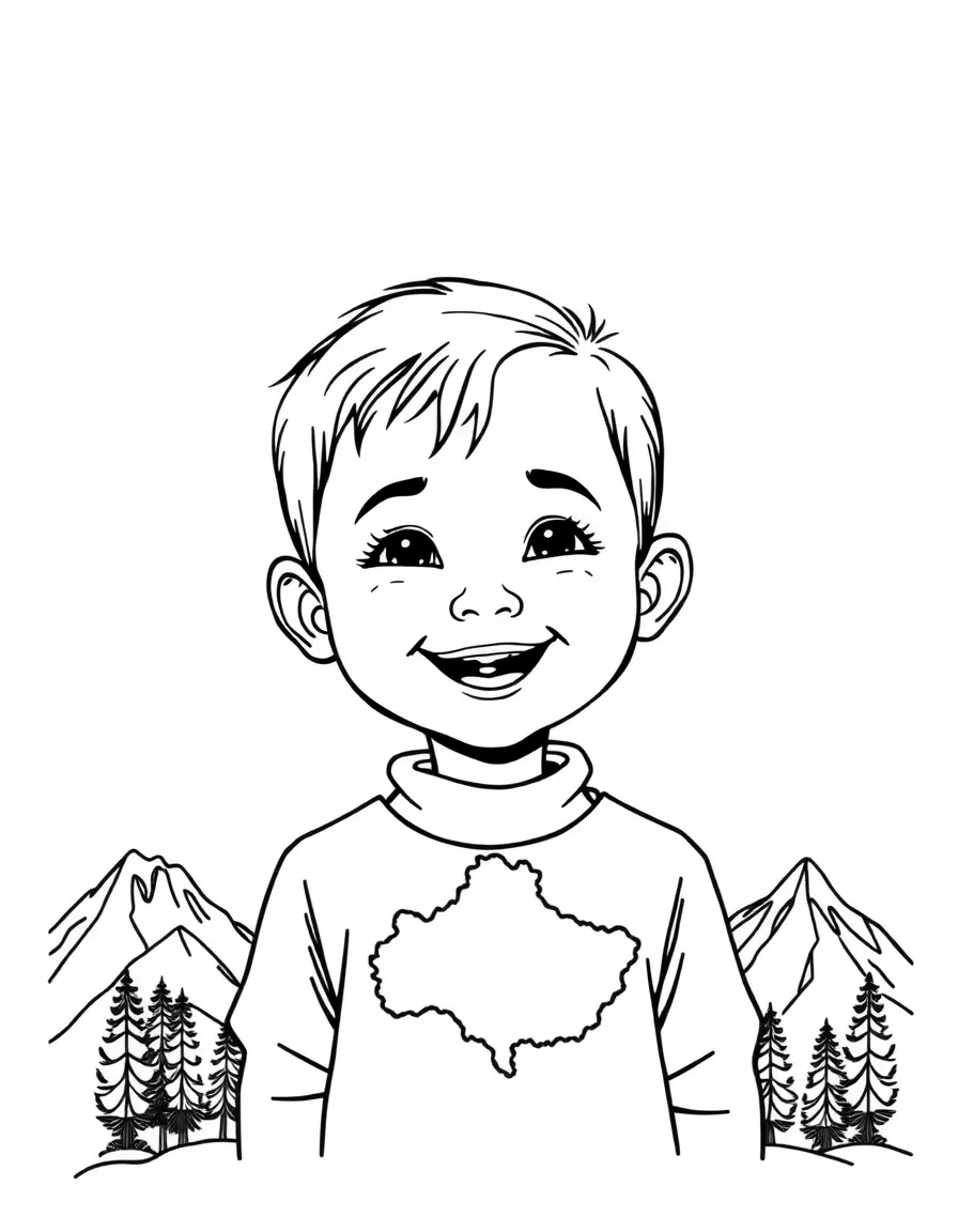A smiling child with a map of Kyrgyzstan and mountains.