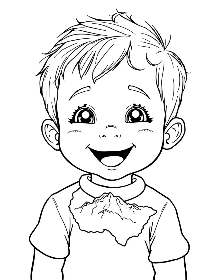 A happy child with a map of Tajikistan and mountains.