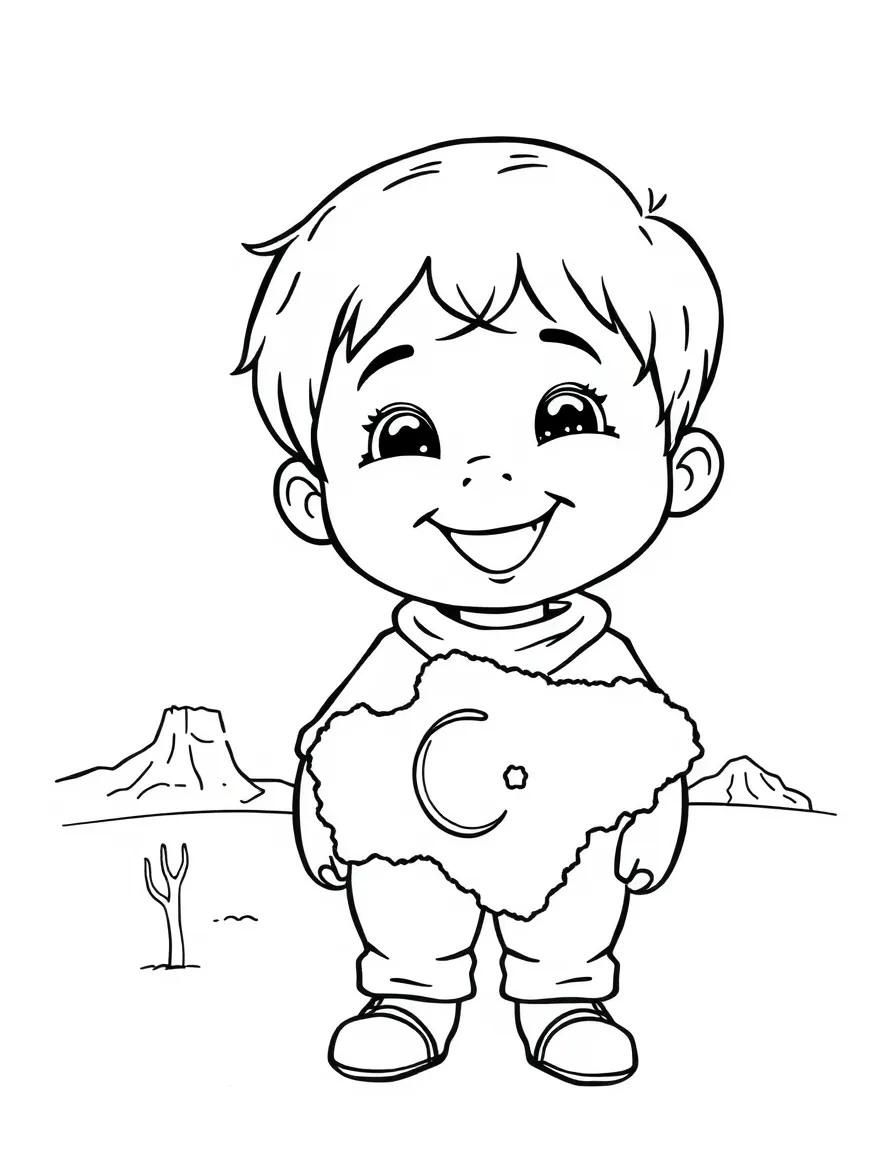 A cheerful child with a map of Turkmenistan and a desert.