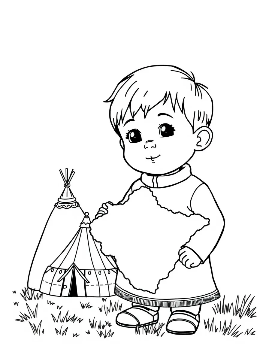 A child with a map of Mongolia and a yurt.